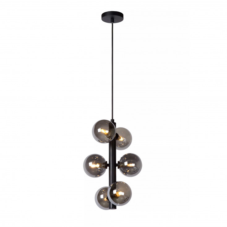 Lampada a sospensione con struttura moderna in acciaio e 6 diffusori in vetro