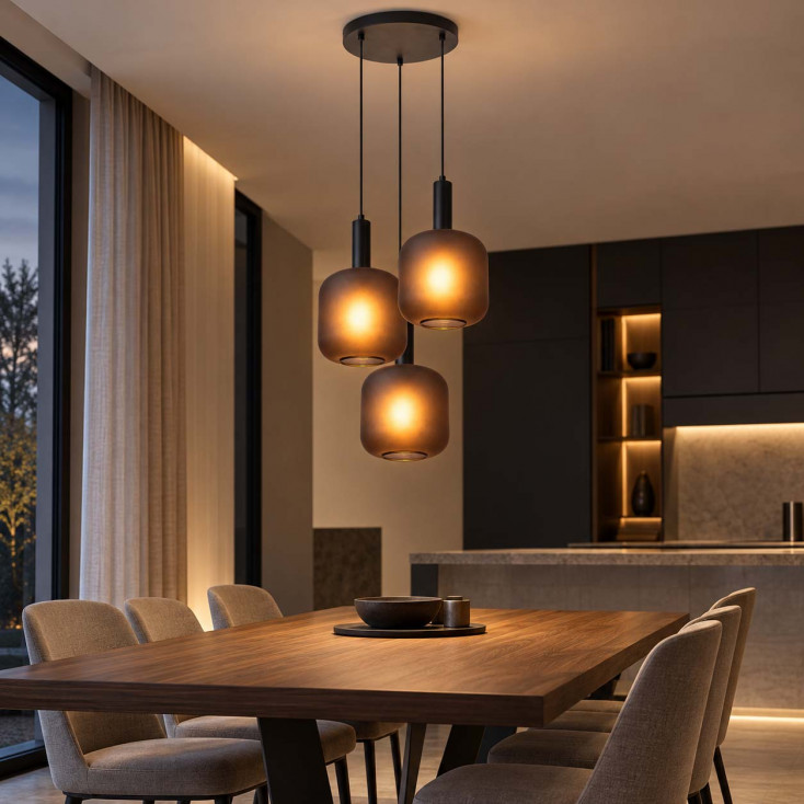 Lampadario moderno rotondo in metallo con 3 diffusori in vetro