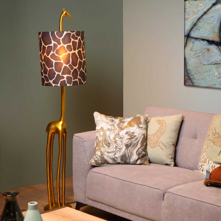 Piantana con base a forma di giraffa in PVC con paralume in cotone
