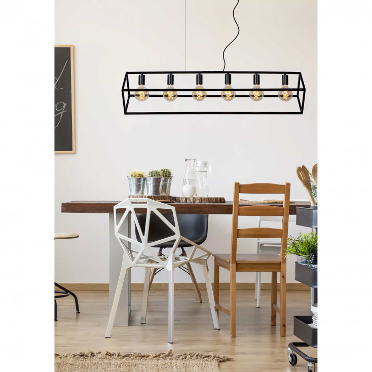 Sospensione grande con struttura in metallo con 6 lampadine dalle linee moderne