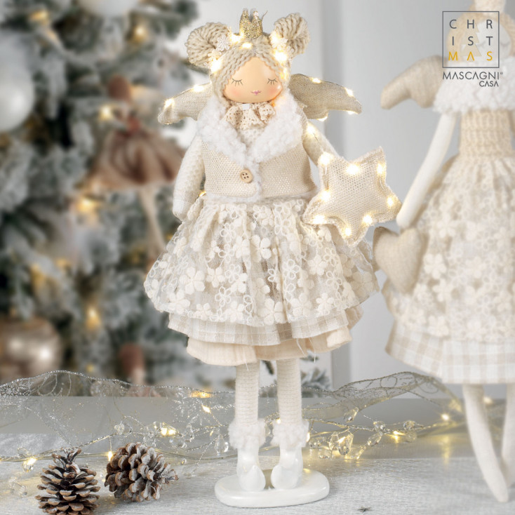 Angioletto in tessuto con decorazioni natalizie e LED h.40