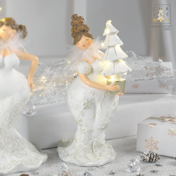 Angioletto piume e abete e LED con decorazioni natalizie