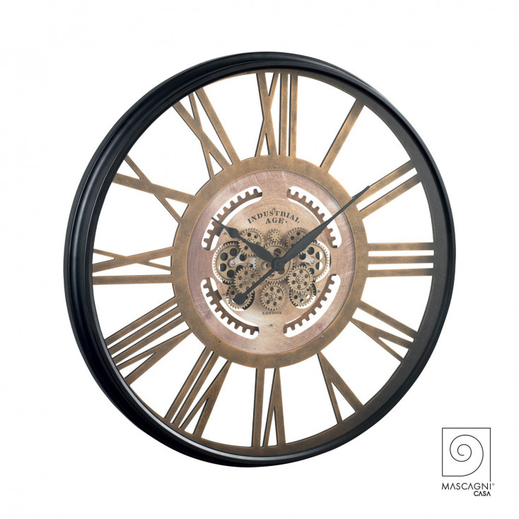 Orologio da parete in legno con ingranaggi a vista e numeri romani