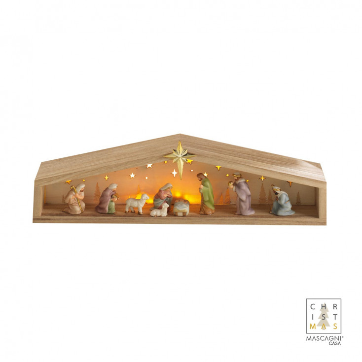 Presepe con led all'interno di una capanna