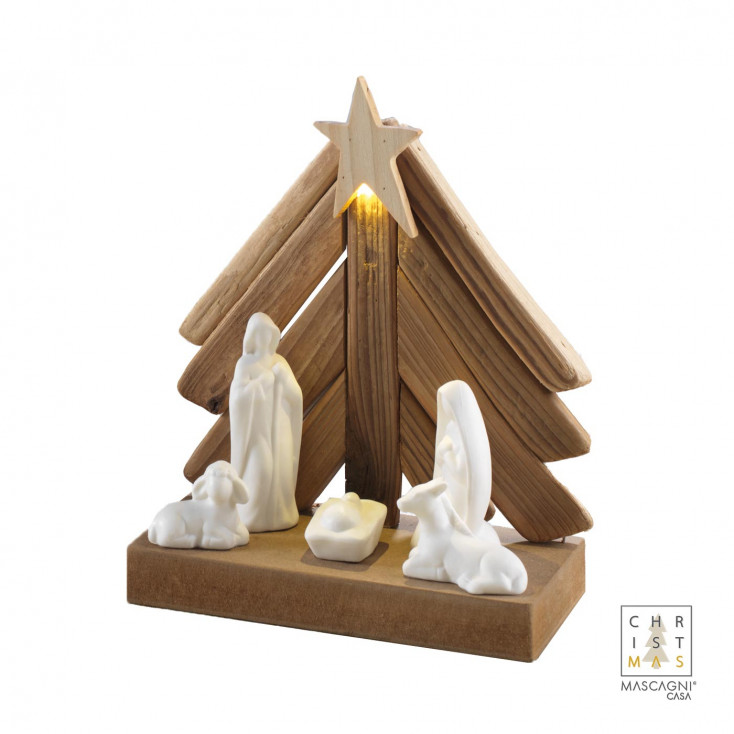 Presepe con led in legno e porcellana