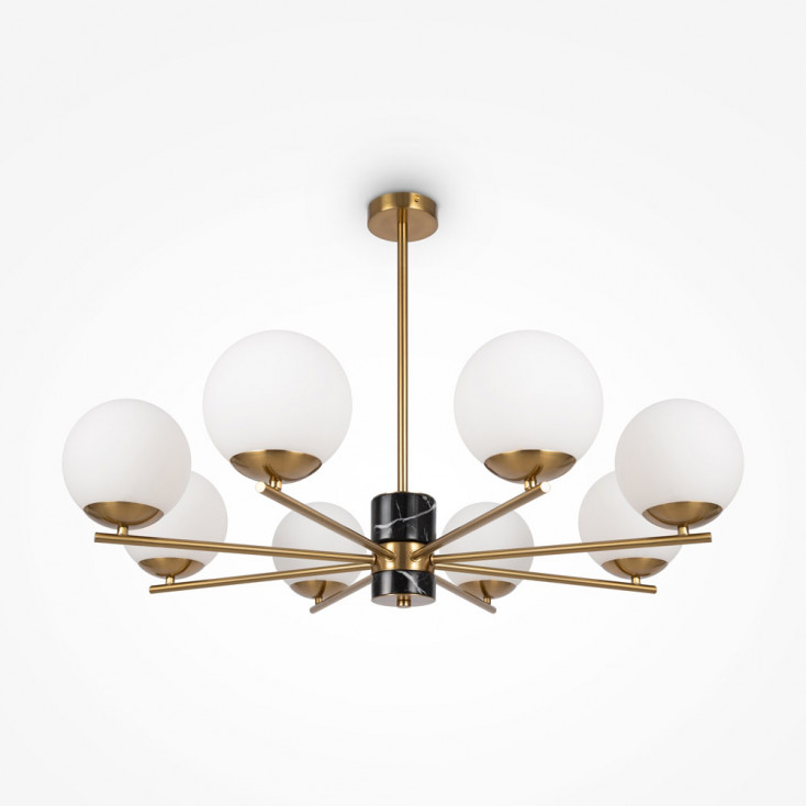 Lampadario in metallo e marmo con otto diffusori in vetro opalino