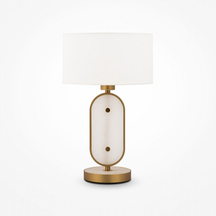 Lampada da tavolo in metallo e pietra dal design moderno e paralume in tessuto