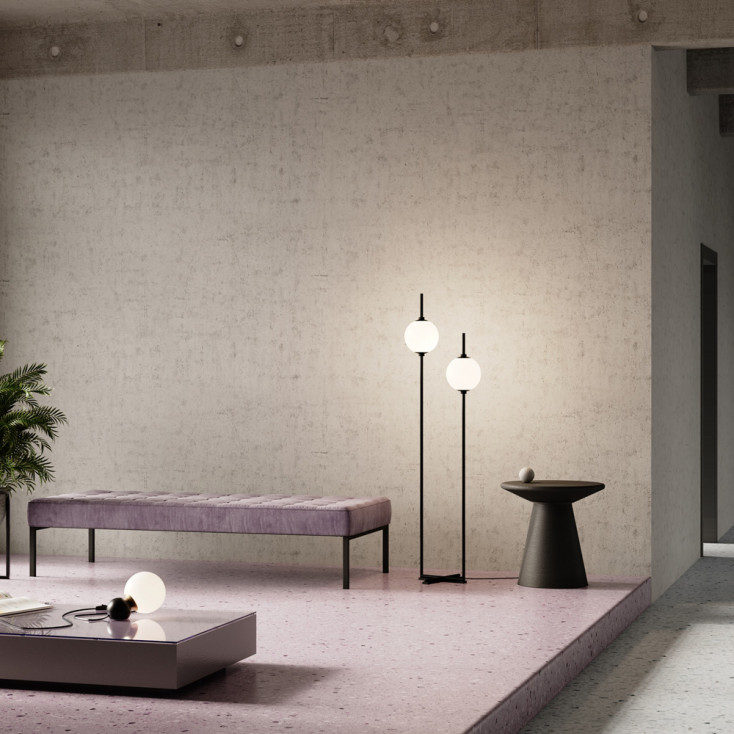 Lampada da terra a LED moderna struttura in metallo e 2 paralumi in vetro