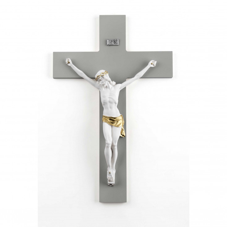 Crocifisso bianco e oro grande con croce in legno dalle linee moderne 30x48
