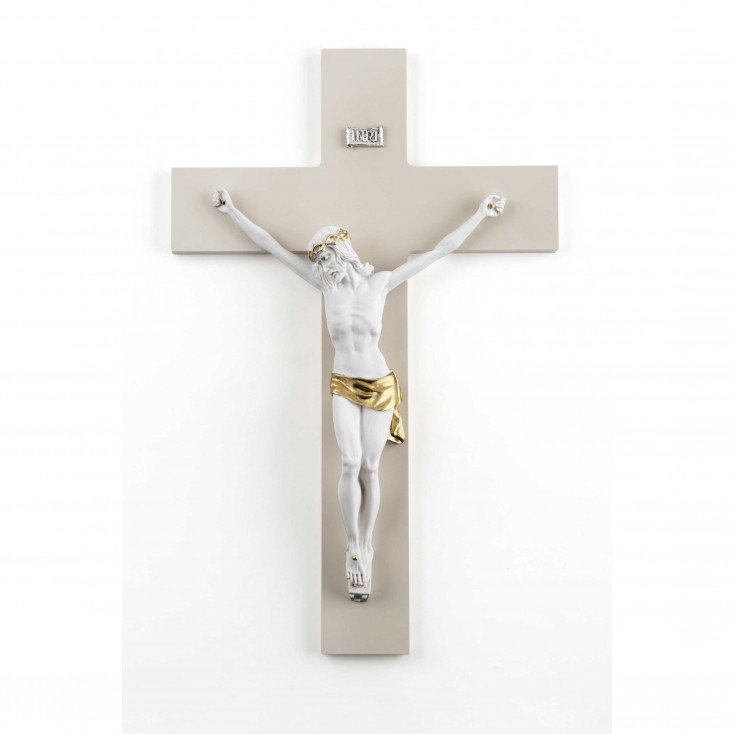 Crocifisso bianco e oro medio con croce in legno dalle linee moderne 24x34
