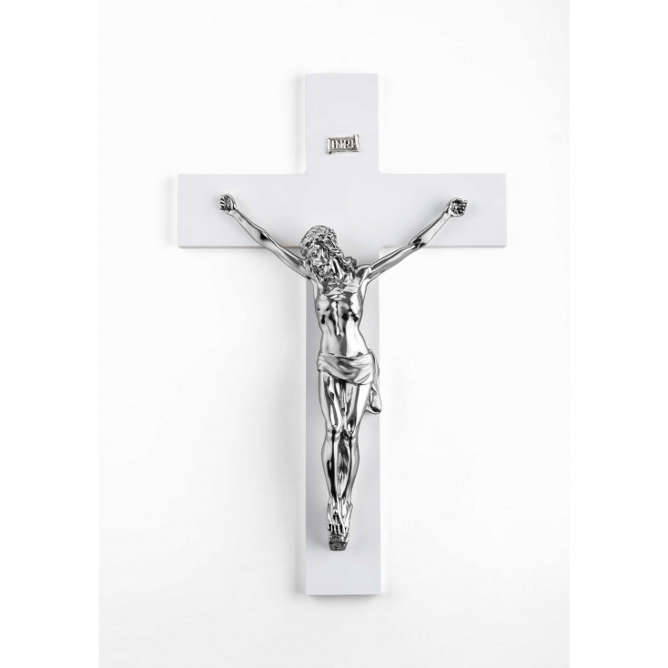 Crocifisso da parete piccolo dalle linee moderne e con cristo argentato 16x25