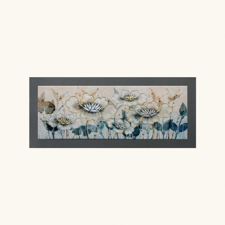 Quadro tema floreale in legno in rilievo dettagli in argento 100X50