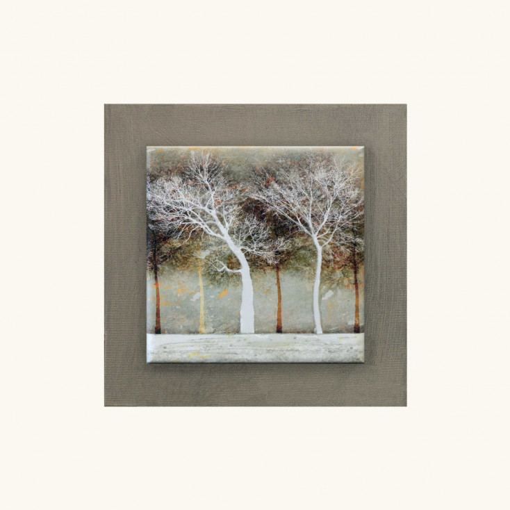 Quadretto paesaggio moderno in legno in rilievo con dettagli in argento 35x35