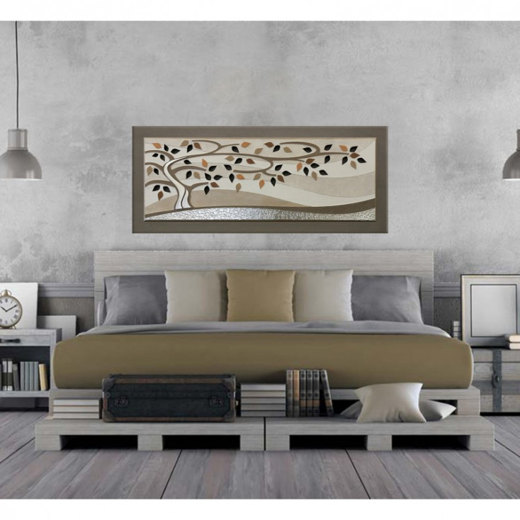 Quadro contemporaneo con decori in resina in rilievo e foglia argento 155x65