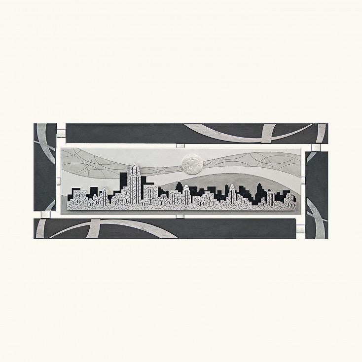 Quadro su legno in rilievo con skyline con glitter e foglia argento 150x65