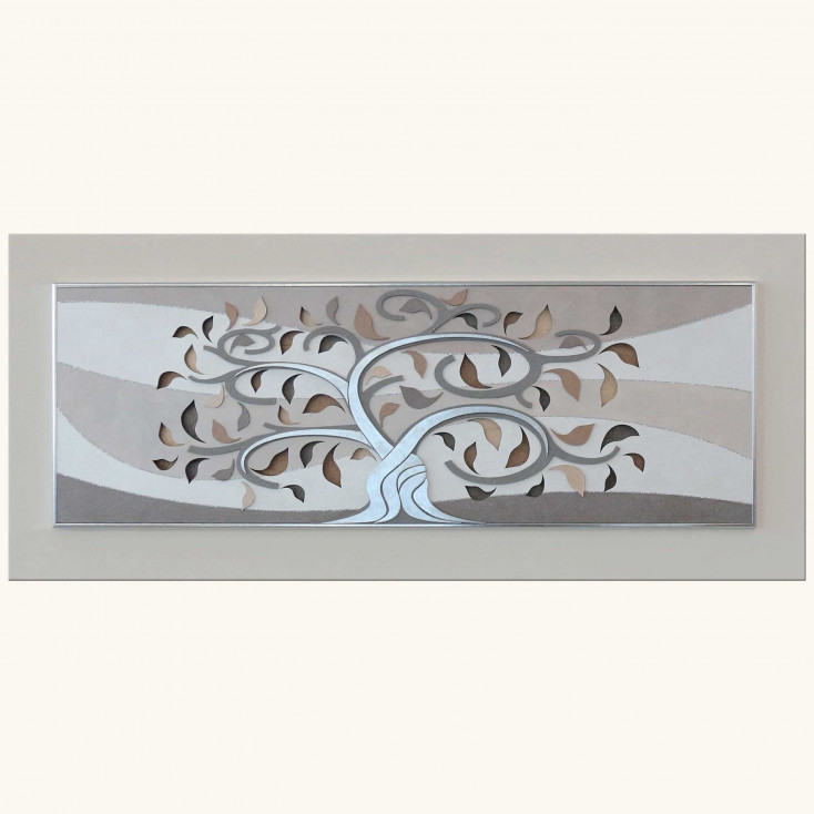 Pannello in legno in rilievo decori materici e foglia argento "Tree I" 155x65