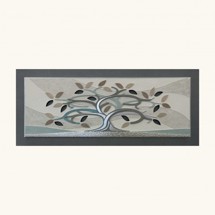 Quadro contemporaneo in rilievo con decori in resina e foglia argento 155x65