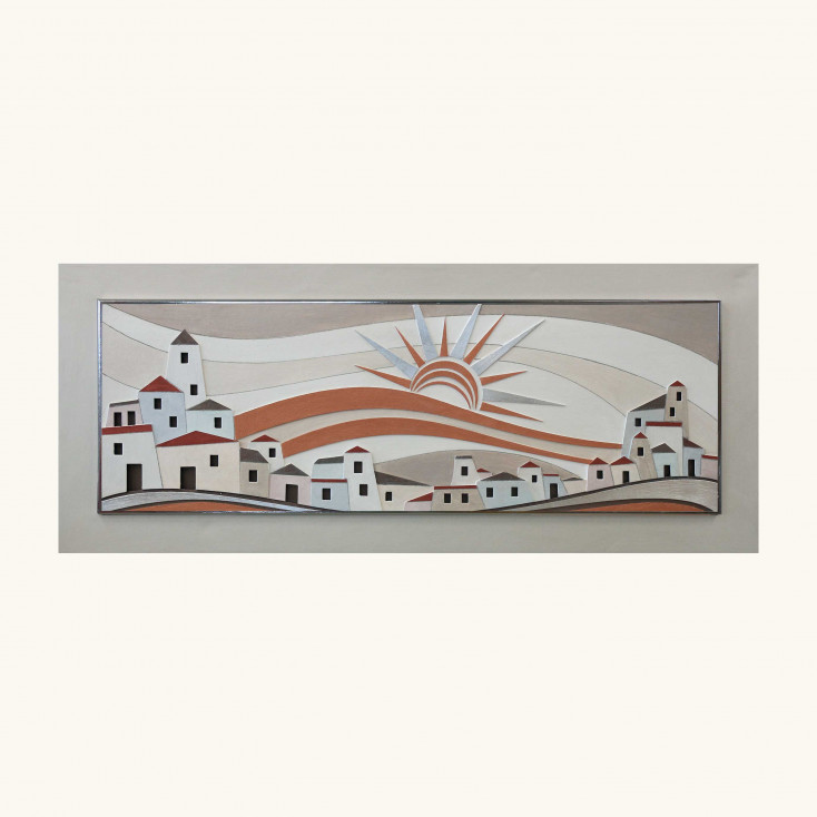 Quadro pannello interamente in legno con paesaggio e dettagli in rilievo 155x65