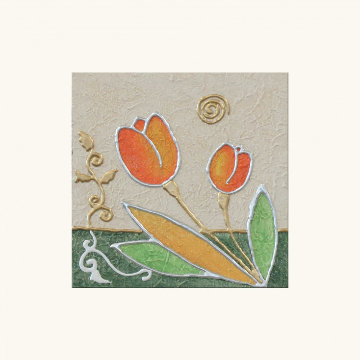 Quadretto con tema a Fiori in rilievo decoro materico foglia oro e argento 35x35