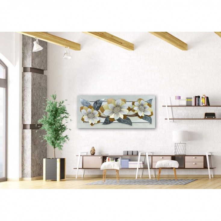 Quadro contemporaneo tema in rilievo decori in resina e foglia argento 155x65