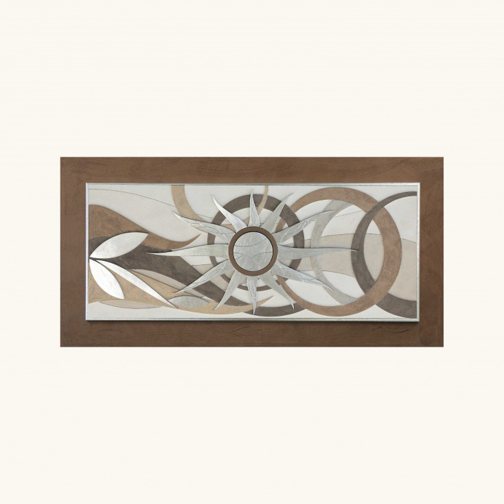 Quadro materico contemporaneo tema in rilievo decoro foglia argento 120x60