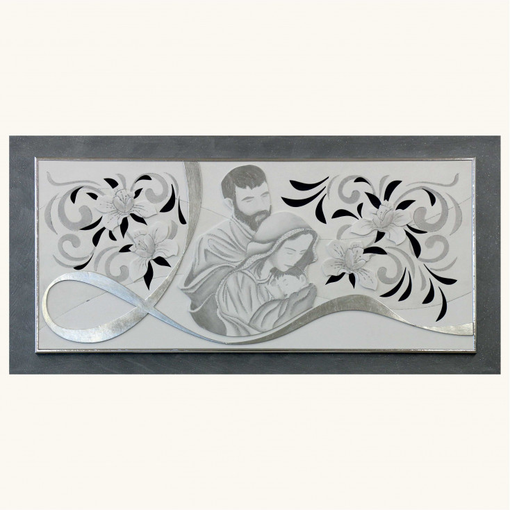 Capezzale materico moderno Sacra Famiglia in rilievo con foglia argento 120x60