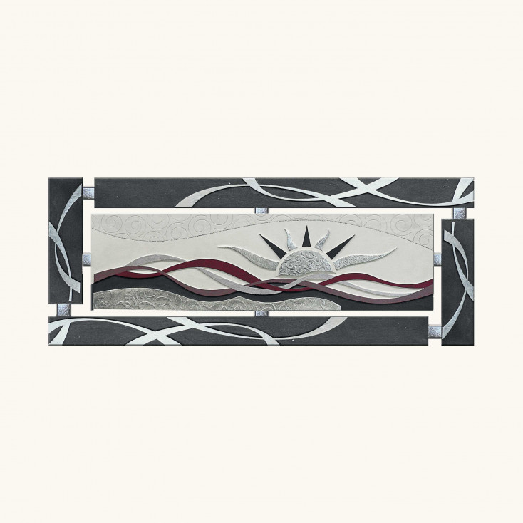 Tela dipinta in rilievo decori materici e foglia argento "Sea Sunset II" 150x65