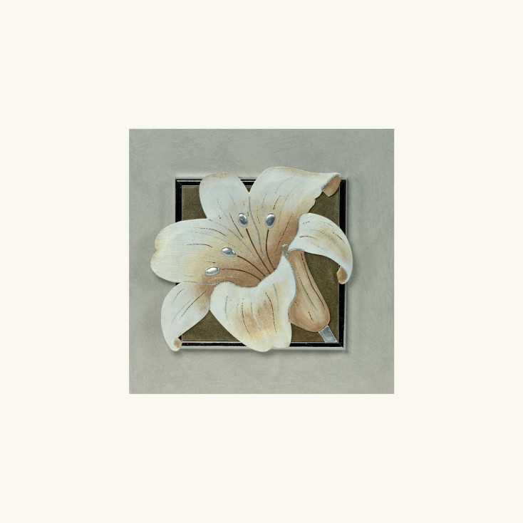 Quadretto in legno materico a tema in rilievo floreale foglia argento 35x35