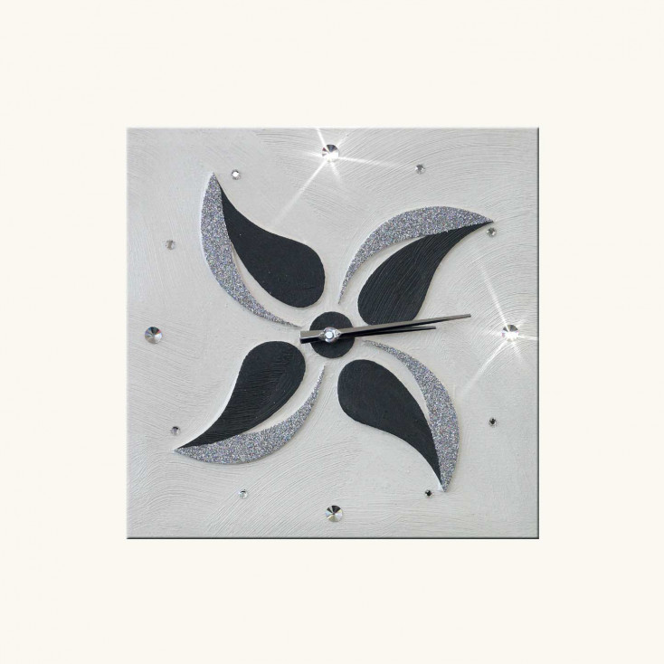 Orologio da parete a tema floreale in rilievo decori materici e glitter argento