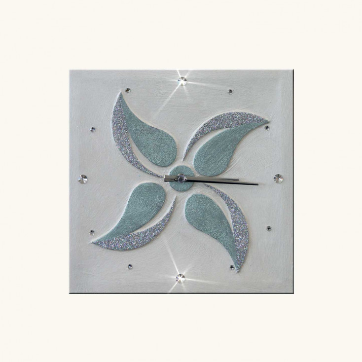 Orologio da parete a tema floreale in rilievo decori materici e glitter argento