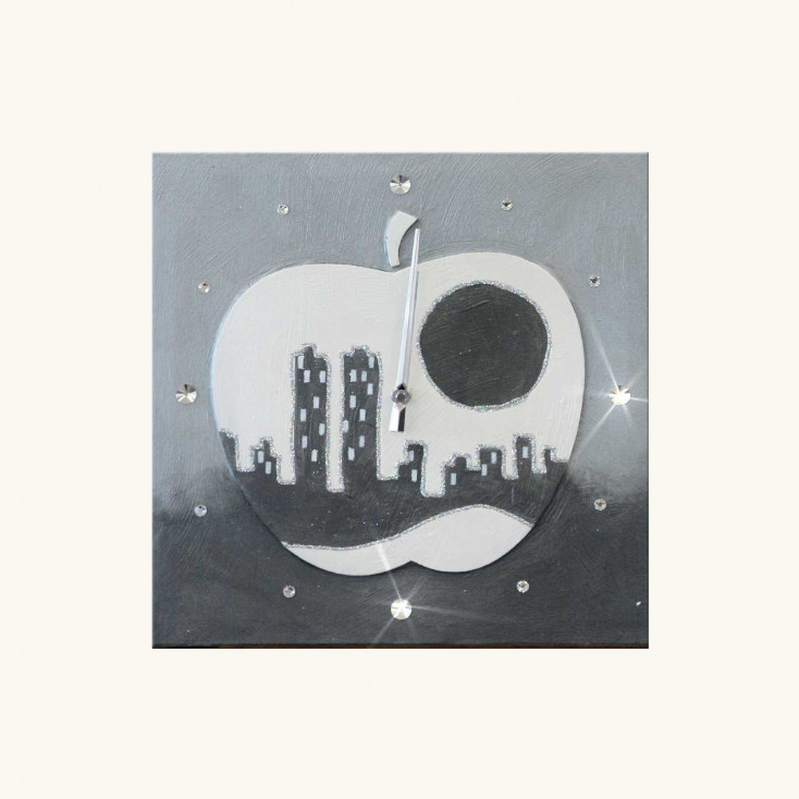 Orologio da parete a tema skyline in rilievo decori materici e glitter argento