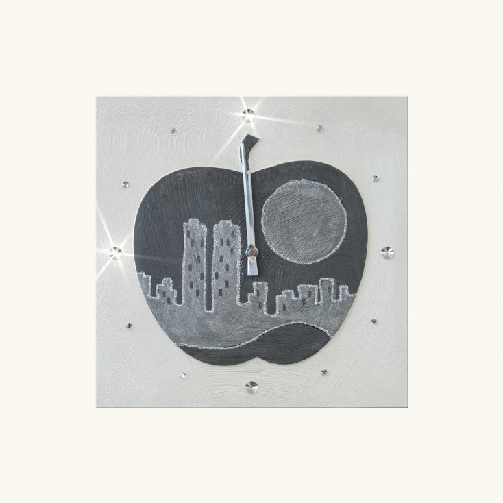 Orologio da parete a tema skyline in rilievo decori materici e glitter argento