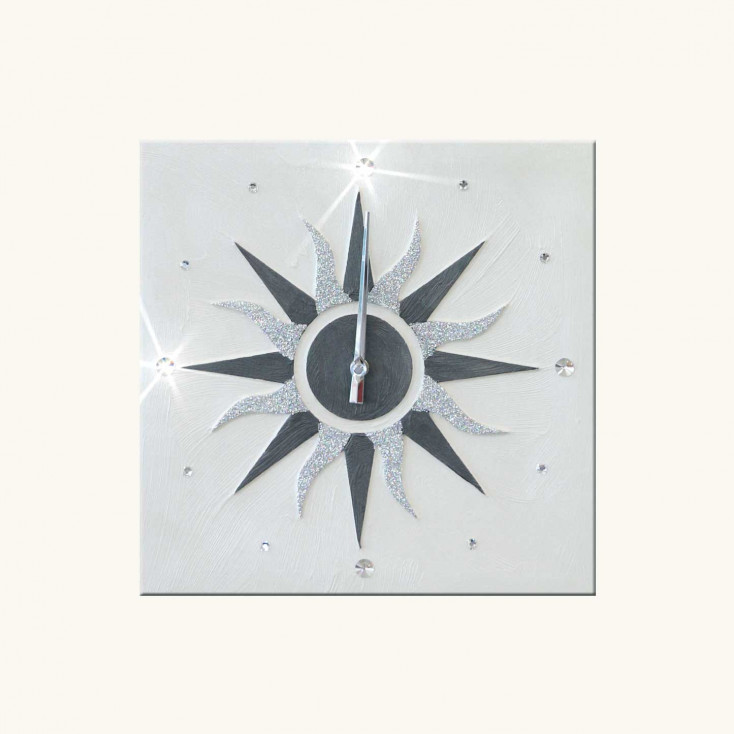 Orologio da parete a tema il Sole in rilievo decori materici e glitter argento