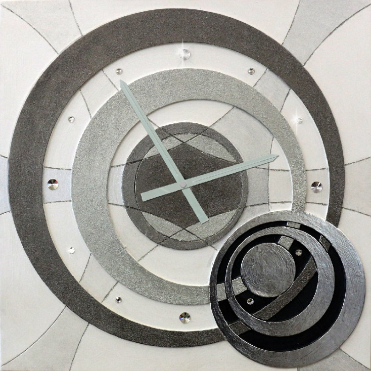 Orologio da parete moderno in legno decoro materico e foglia argento "Planet"