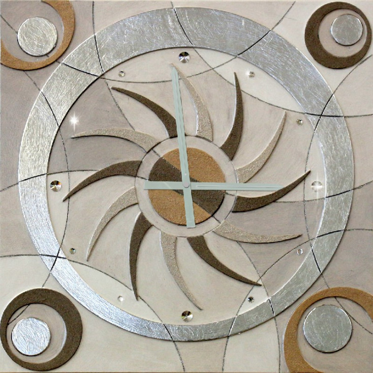 Orologio da parete moderno in rilievo decori materici e foglia argento "Astral"