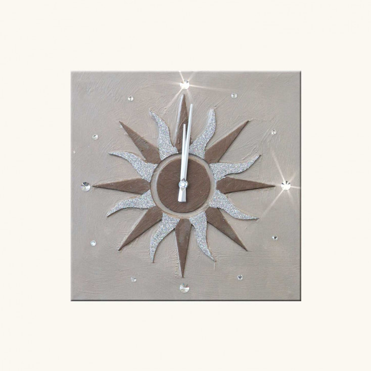 Orologio da parete a tema il Sole in rilievo decori materici e glitter argento