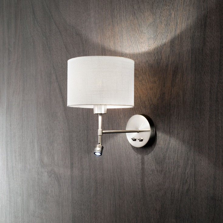 Applique cromo spazzolato con paralume in tessuto e braccio luminoso a LED