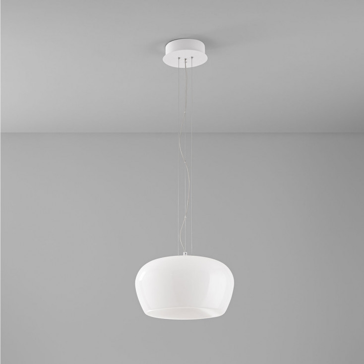 Lampada a sospensione a led con struttura in metallo e diffusore in vetro 