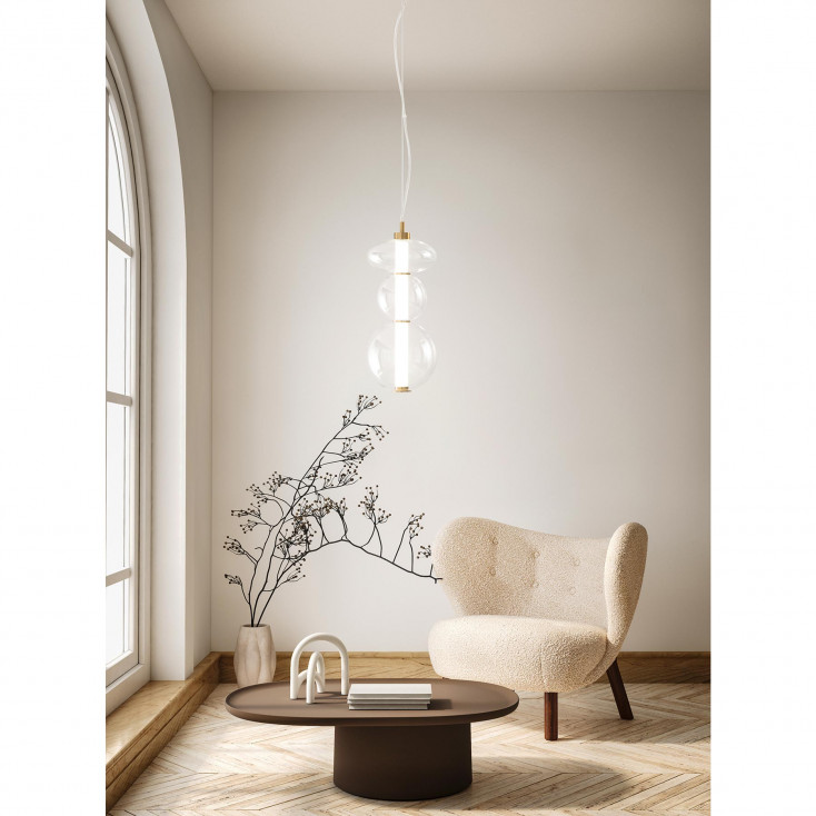 Lampada a sospensione piccola a led con struttura in metallo diffusore in vetro