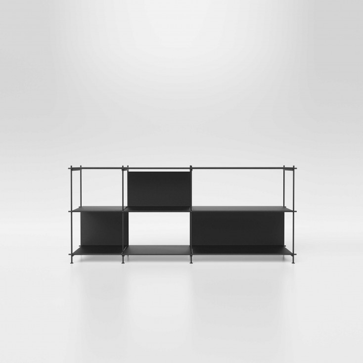 Libreria componibile moderna con varie scaffalature a vista in acciaio