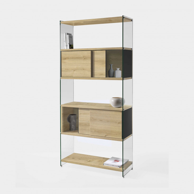 Libreria moderna componibile con fianchi in vetro e ripiani in legno scorrevole