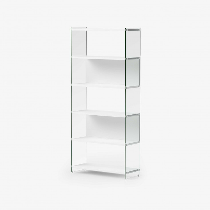 Libreria moderna componibile con fianchi in vetro temperato e ripiani in legno
