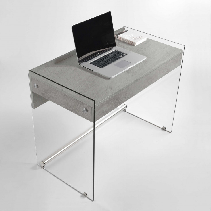 Scrivania con struttura in vetro top e cassetto in legno