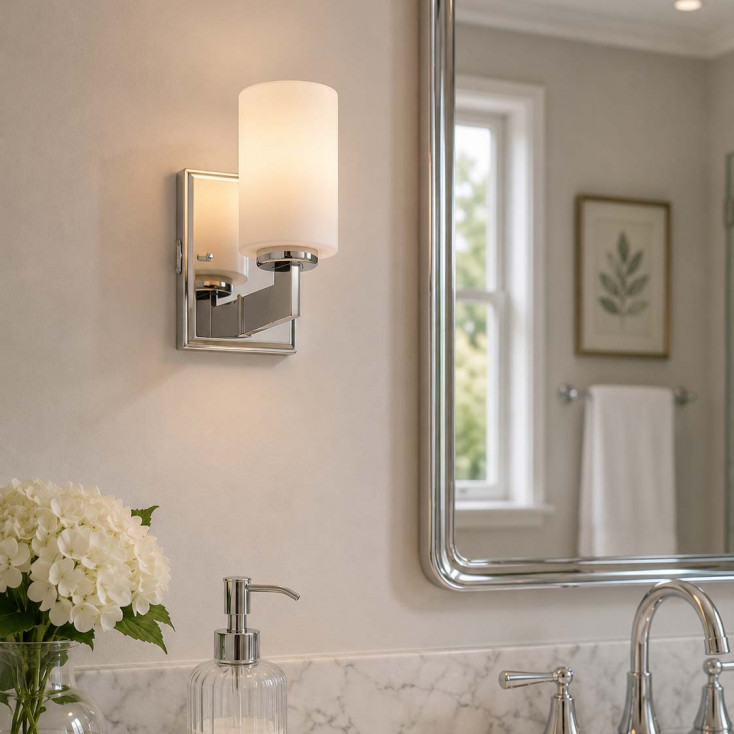 Applique LED da parete piccola in acciaio e diffusore in vetro opalino a 1 luce