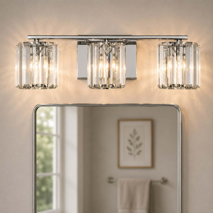 Applique moderna per bagno con struttura in acciaio e 3 diffusori in vetro