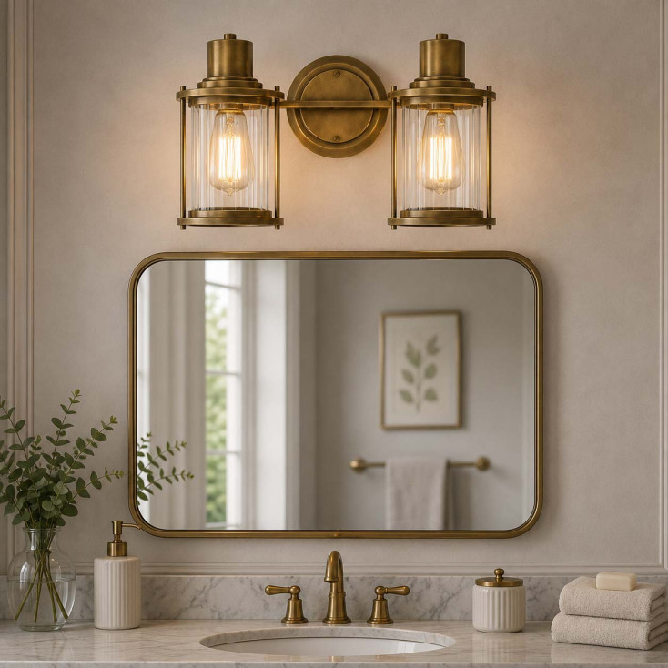 Applique moderna per bagno struttura in acciaio con 2 diffusori in vetro