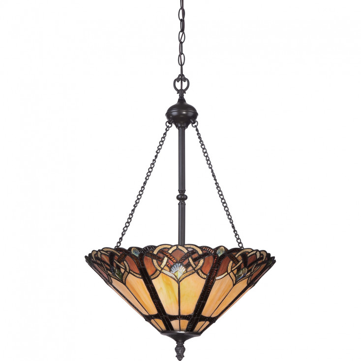 Lampada a sospensione classica in acciaio con paralume in vetro tiffany a 3 luci
