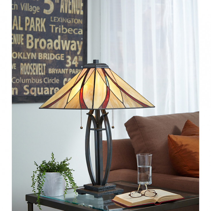 Lampada da tavolo classica in metallo con diffusore in vetro tiffany a 2 luci
