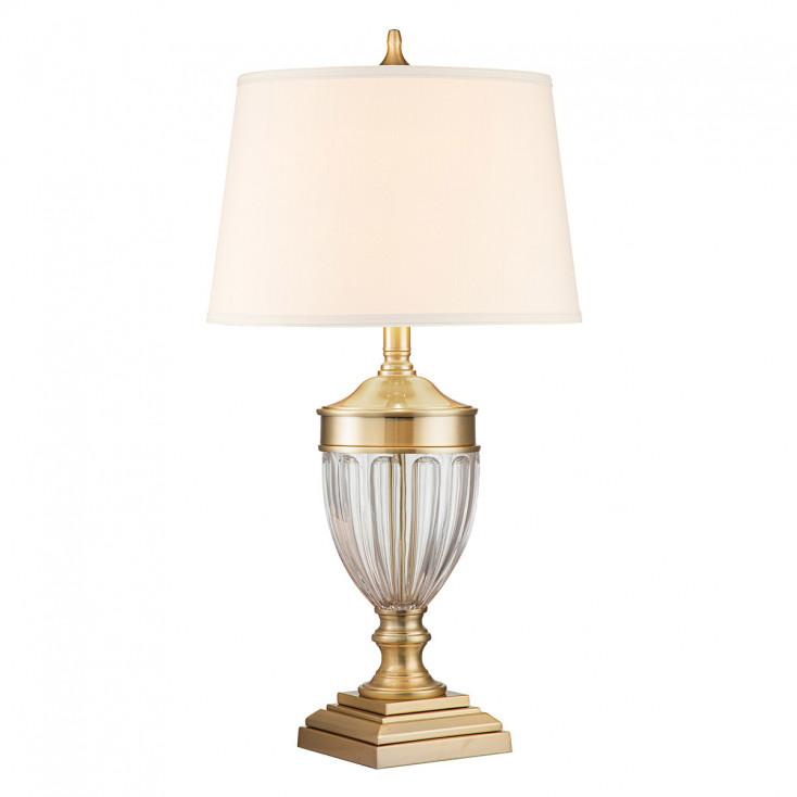 Lampada da tavolo classica struttura in vetro e acciaio e paralume in tessuto