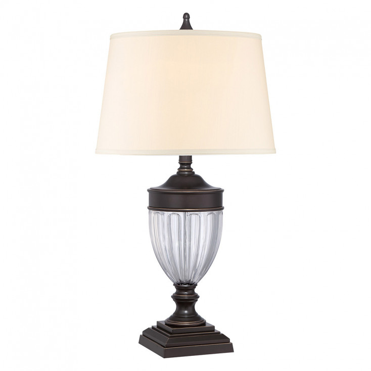 Lampada da tavolo classica struttura in vetro e acciaio e paralume in tessuto